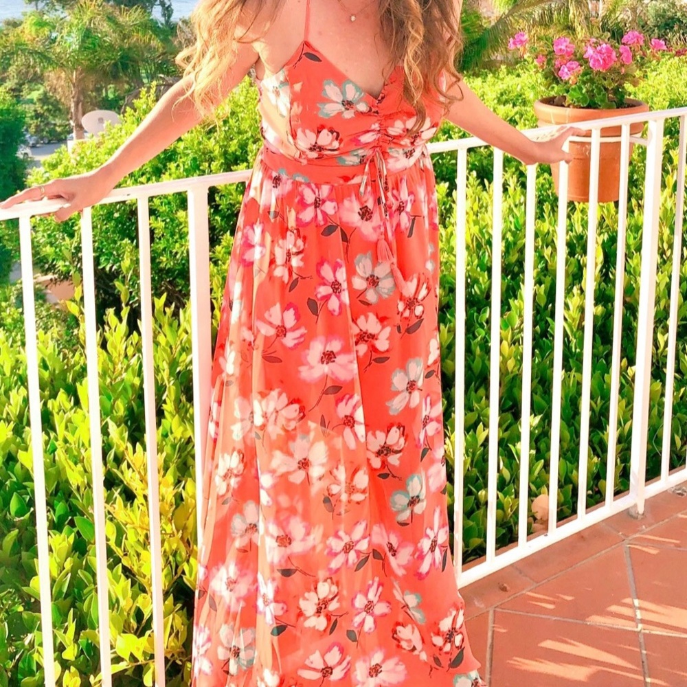 Electric Peach Tropical Maxi Dress